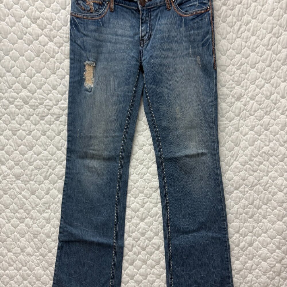 Petrol Distressed Denim Jeans 29x34‎ bootcut flare Low Rise Size 8